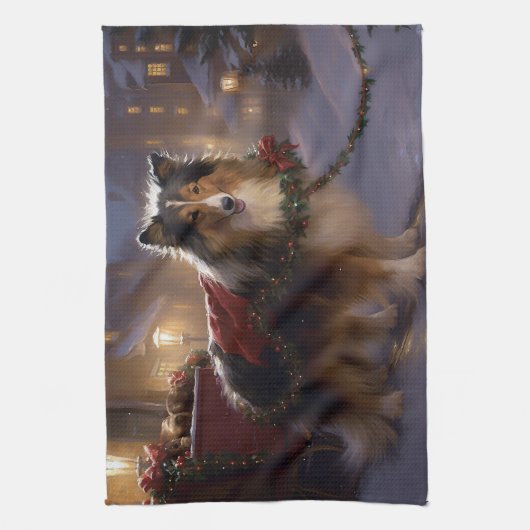 Shetland Sheepdog Kerstmis Feestelijk Seizoen Theedoek (Verticaal)