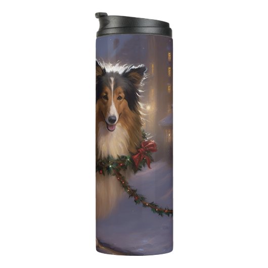 Shetland Sheepdog Kerstmis Feestelijk Seizoen Thermosbeker (Geroteerd rechts)