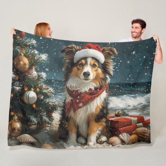 Shetland Sheepdog Kerstmis Vintage Strand Fleece Deken (In situ)
