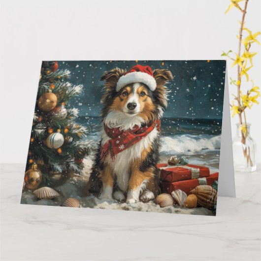 Shetland Sheepdog Kerstmis Vintage Strand Kaart (Gele Bloem)