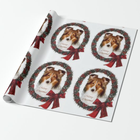 Shetland Sheepdog Kerstmis Wreath Cadeaupapier (Uitgerold)