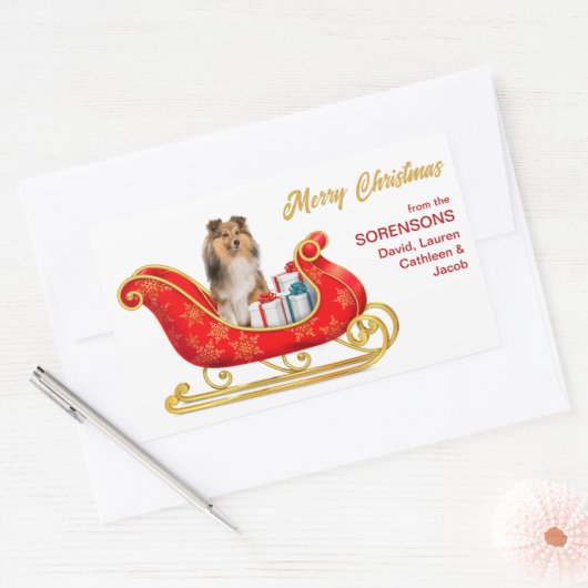 Shetland Sheepdog Kerstsleigh Rechthoekige Sticker (Envelop)