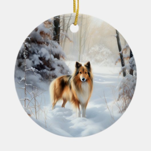 Shetland Sheepdog Laat het sneeuwen Kerstmis Keramisch Ornament (Voorkant)