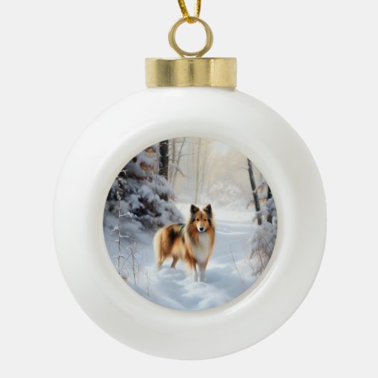 Shetland Sheepdog Laat het sneeuwen Kerstmis Keramische Bal Ornament (Voorkant)