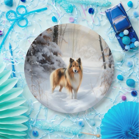 Shetland Sheepdog Laat het sneeuwen Kerstmis Papieren Bordje (Feest)