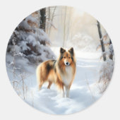 Shetland Sheepdog Laat het sneeuwen Kerstmis Ronde Sticker (Voorkant)