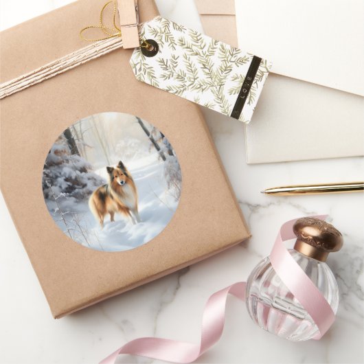 Shetland Sheepdog Laat het sneeuwen Kerstmis Ronde Sticker (Geschenken)