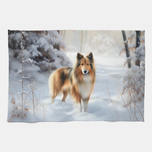 Shetland Sheepdog Laat het sneeuwen Kerstmis Theedoek (Horizontaal)
