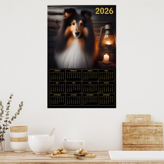 Shetland Sheepdog Lantern Glow Rustic Dog Calendar Poster (Keuken)