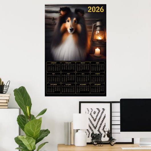 Shetland Sheepdog Lantern Glow Rustic Dog Calendar Poster (Thuiskantoor)