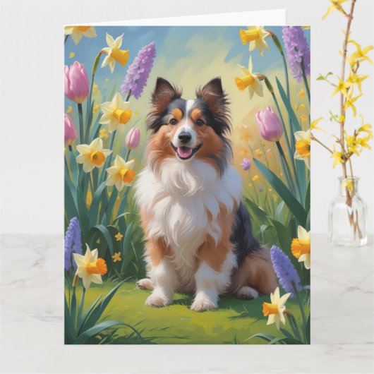 Shetland Sheepdog Lente Bloemen Schilderij Kaart (Gele Bloem)