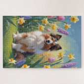 Shetland Sheepdog Lente Bloemen Schilderij Legpuzzel (Horizontaal)