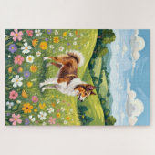 Shetland Sheepdog Lente Weide Bloemige Hond Legpuzzel (Horizontaal)