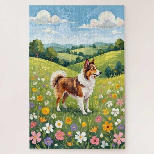 Shetland Sheepdog Lente Weide Bloemige Hond Legpuzzel (Verticaal)