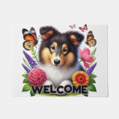 Shetland Sheepdog met bloemen en vlinders Deurmat (Voorkant)