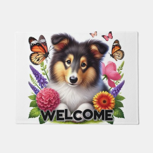 Shetland Sheepdog met bloemen en vlinders Deurmat (Voorkant)