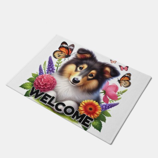 Shetland Sheepdog met bloemen en vlinders Deurmat (Schuin)