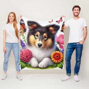 Shetland Sheepdog met bloemen en vlinders Fleece Deken
