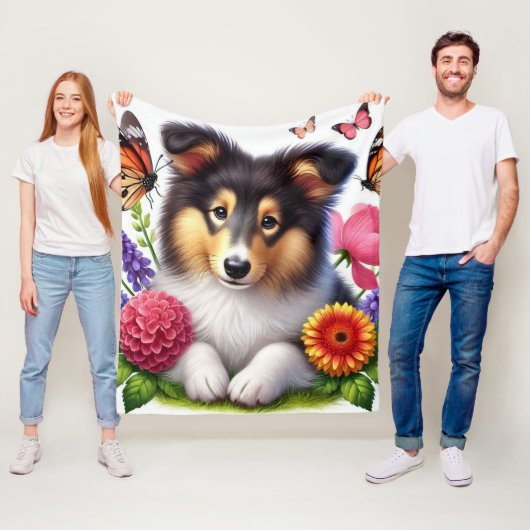 Shetland Sheepdog met bloemen en vlinders Fleece Deken (In situ)