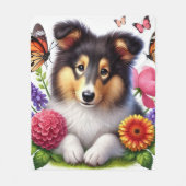 Shetland Sheepdog met bloemen en vlinders Fleece Deken (Voorkant)