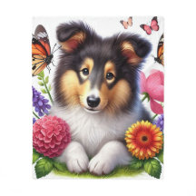 Shetland Sheepdog met bloemen en vlinders