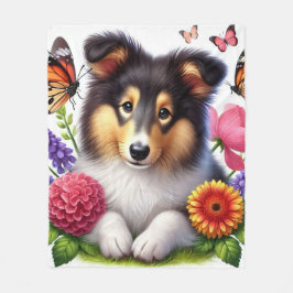 Shetland Sheepdog met bloemen en vlinders Fleece Deken