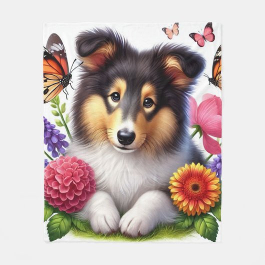 Shetland Sheepdog met bloemen en vlinders Fleece Deken (Voorkant)