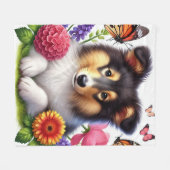 Shetland Sheepdog met bloemen en vlinders Fleece Deken (Voorkant (Horizontaal))