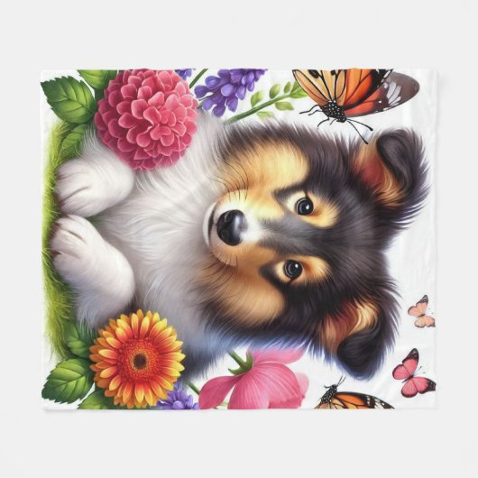 Shetland Sheepdog met bloemen en vlinders Fleece Deken (Voorkant (Horizontaal))
