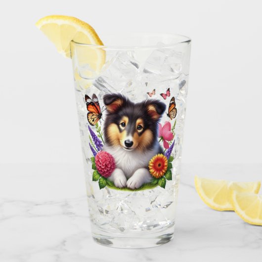 Shetland Sheepdog met bloemen en vlinders Glas (Voorkant ijs)