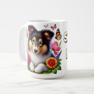 Shetland Sheepdog met bloemen en vlinders Koffiemok
