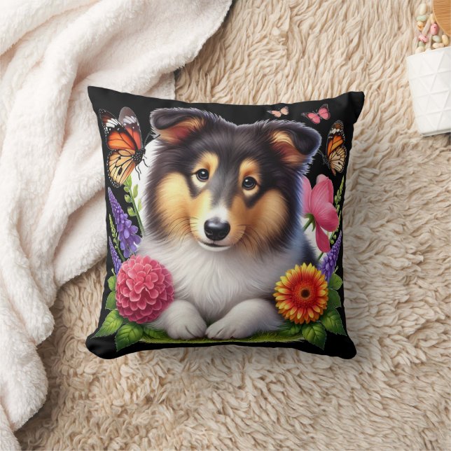 Shetland Sheepdog met bloemen en vlinders Kussen (Deken)