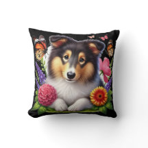 Shetland Sheepdog met bloemen en vlinders