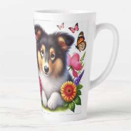 Shetland Sheepdog met bloemen en vlinders Latte Mok