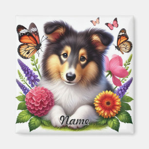 Shetland Sheepdog met bloemen en vlinders Magneet