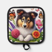 Shetland Sheepdog met bloemen en vlinders Pannenlap (Voorkant)