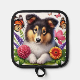Shetland Sheepdog met bloemen en vlinders Pannenlap