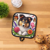 Shetland Sheepdog met bloemen en vlinders Pannenlap (Top down)