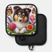 Shetland Sheepdog met bloemen en vlinders Pannenlap (Voorkant / Achterkant)