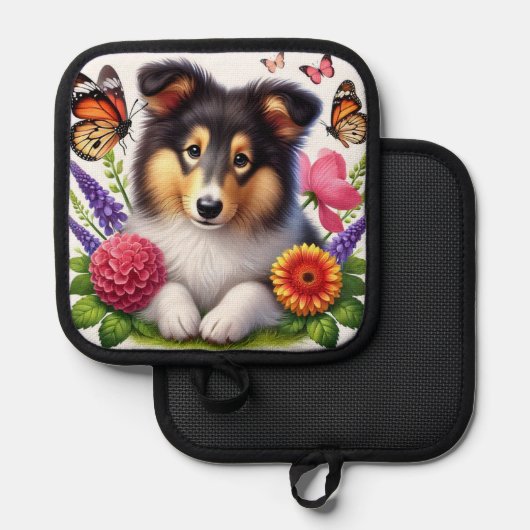 Shetland Sheepdog met bloemen en vlinders Pannenlap (Voorkant / Achterkant)