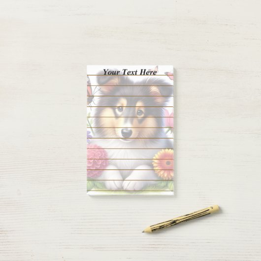 Shetland Sheepdog met bloemen en vlinders Post-it® Notes (Op bureau)