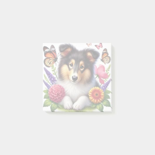 Shetland Sheepdog met bloemen en vlinders Post-it® Notes (Voorkant)