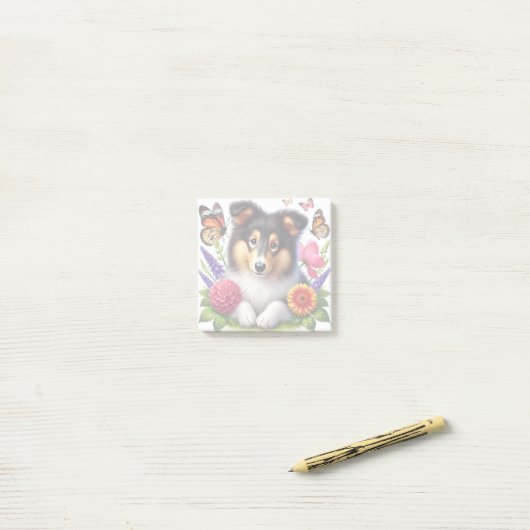 Shetland Sheepdog met bloemen en vlinders Post-it® Notes (Op bureau)