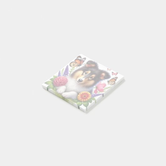 Shetland Sheepdog met bloemen en vlinders Post-it® Notes (Schuin)