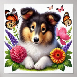 Shetland Sheepdog met bloemen en vlinders Poster