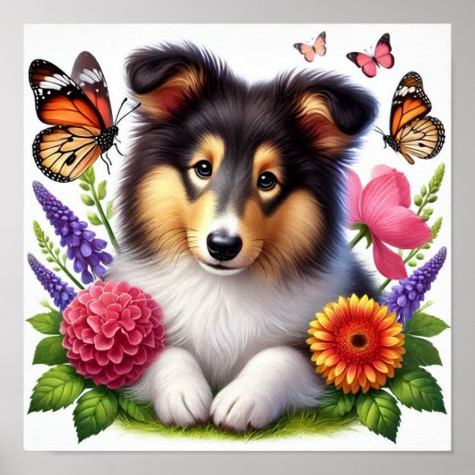 Shetland Sheepdog met bloemen en vlinders Poster (Voorkant)