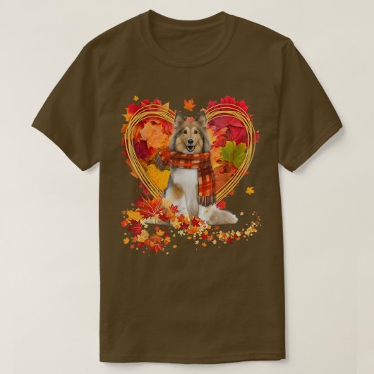 Shetland Sheepdog met hart gemaakt van herfstblade T-shirt (Design voorkant)