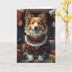 Shetland Sheepdog met kerstcadeaus bij de open haa Kaart