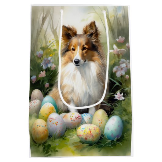 Shetland Sheepdog met paaseieren Vakantie Medium Cadeauzakje (Achterkant)