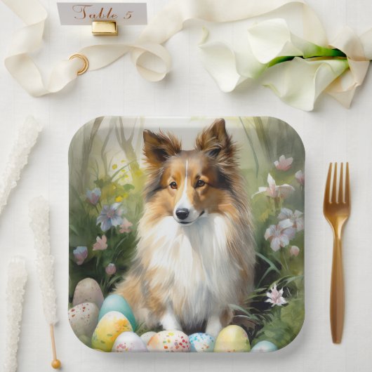 Shetland Sheepdog met paaseieren Vakantie Papieren Bordje (Huwelijk)
